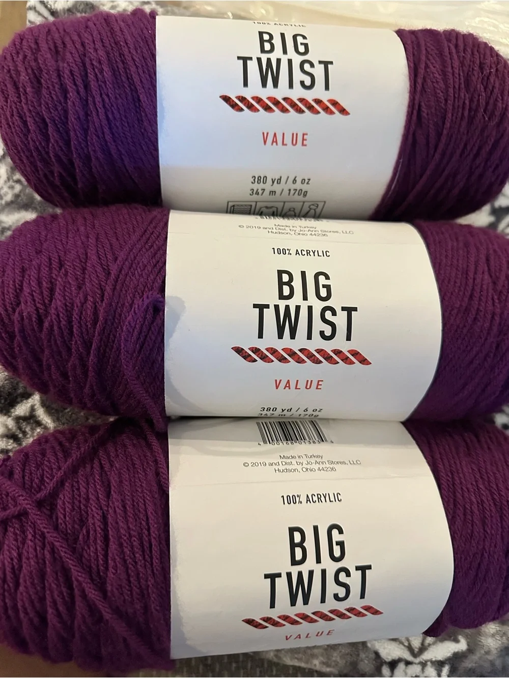 Big Twist Value Worsted Yarn Purple Color - 3 Skeins, Two Samw Dye Lot